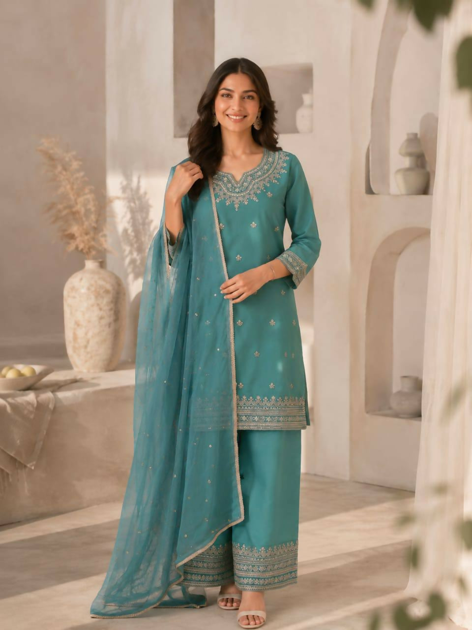 Teeya Creation Turquoise Blue Silk Embroidered Kurta Pant Set With Dupatta