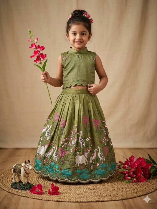Teeya Creation New Girls Earthy Olive Green Pichwai Embroidered Lehenga Choli Set-Green