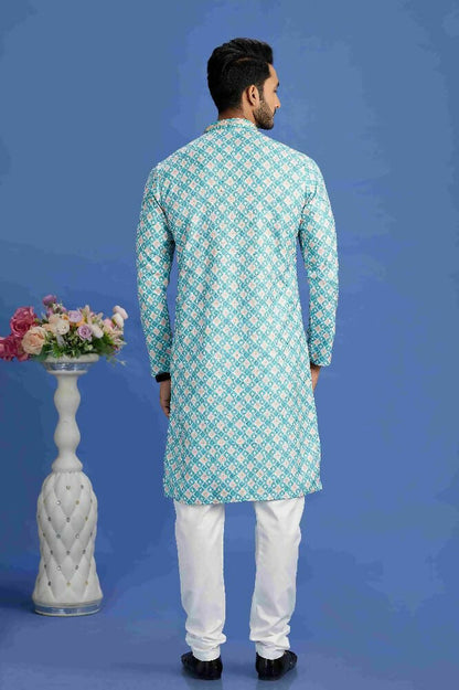Raivat Ethnic Cotton Embroidery Kurta Pajama In Teal Green Colour