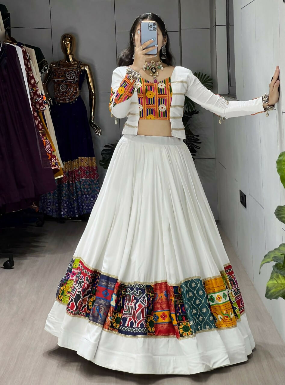 Yash Enterprise White Rayon Cotton Embroidery Semi Stitched Navratri Chaniya Choli