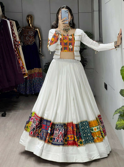 Yash Enterprise White Rayon Cotton Embroidery Semi Stitched Navratri Chaniya Choli