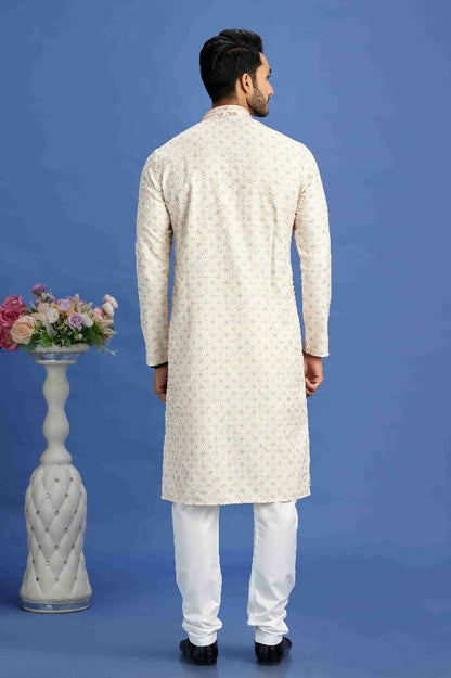 Raivat Ethnic Cotton Embroidery Kurta Pajama In Beige and Yellow Colour