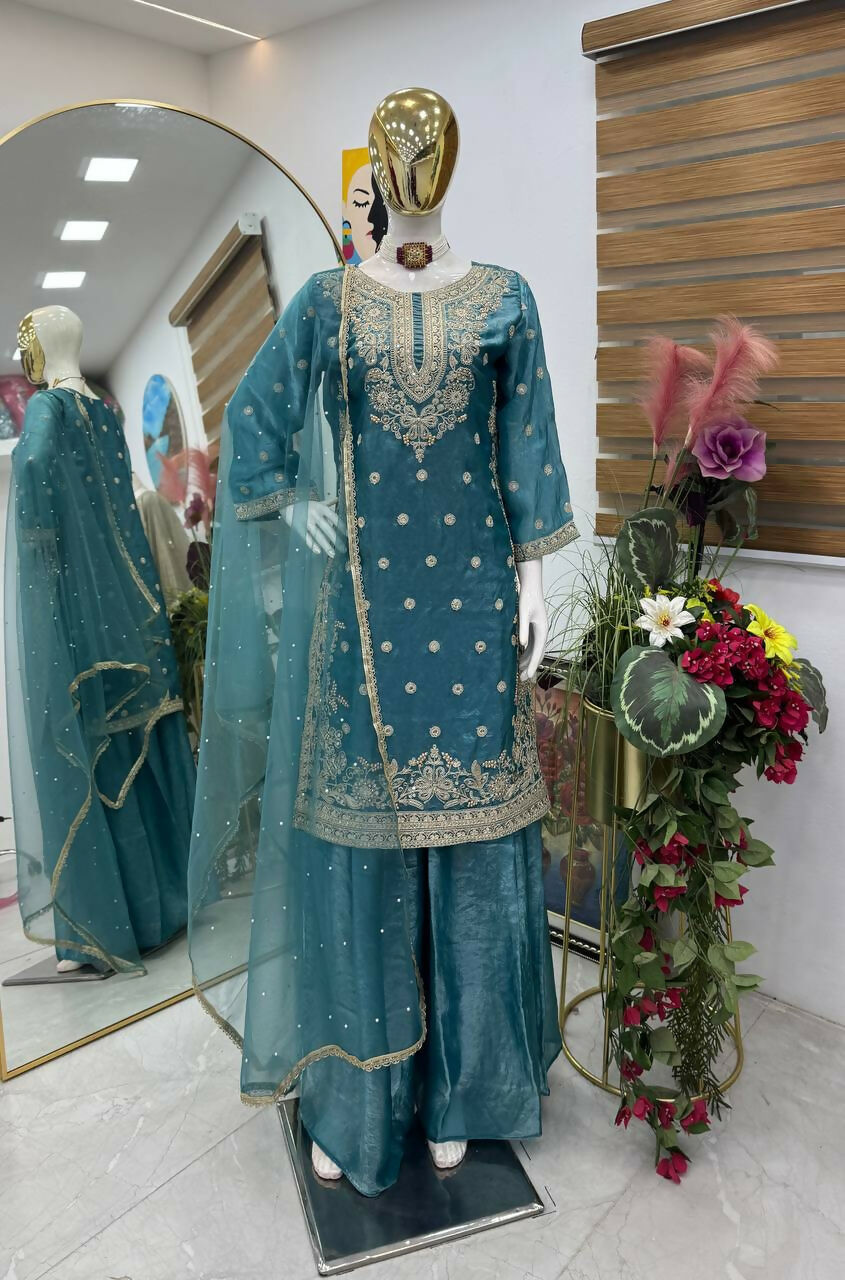 Teeya Creation New Trendy Womens Wedding Wear Kurta Palazzo Set - Teal