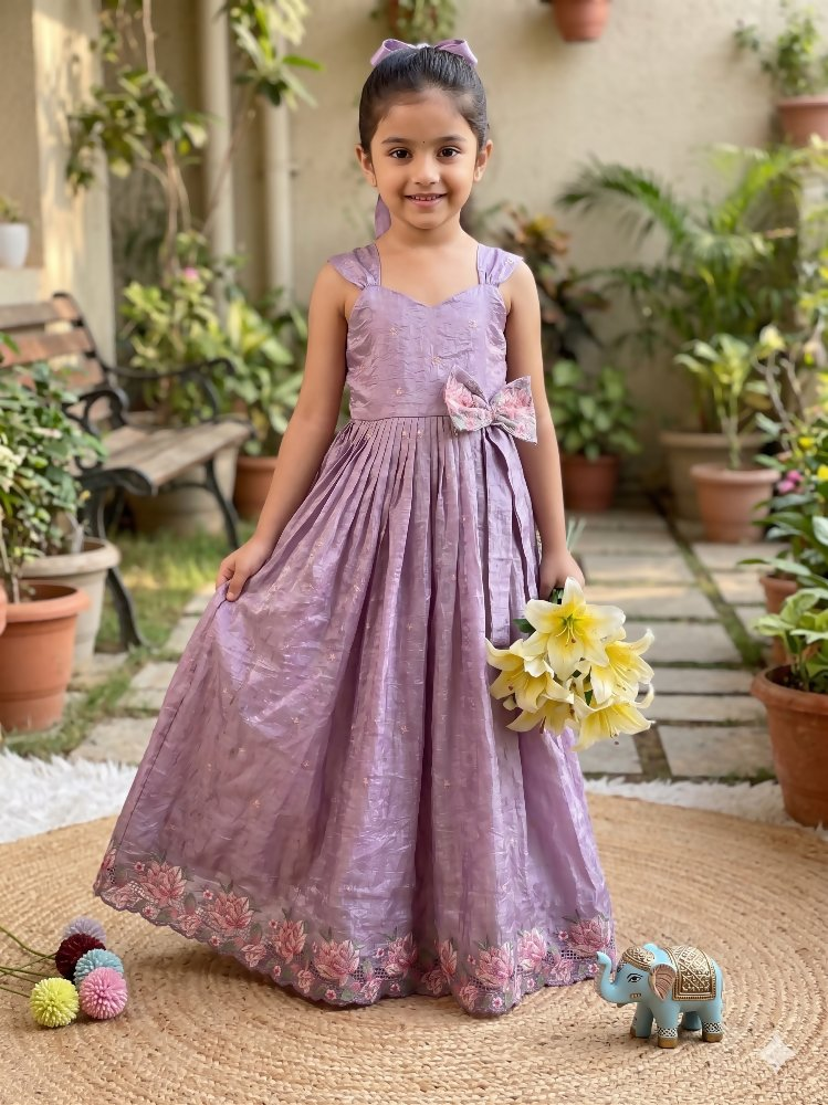 Teeya Creation New Trendy Girls Elegant White Crinkled Ethnic Gown with Pink Lotus Border and Stylish Waist Bow