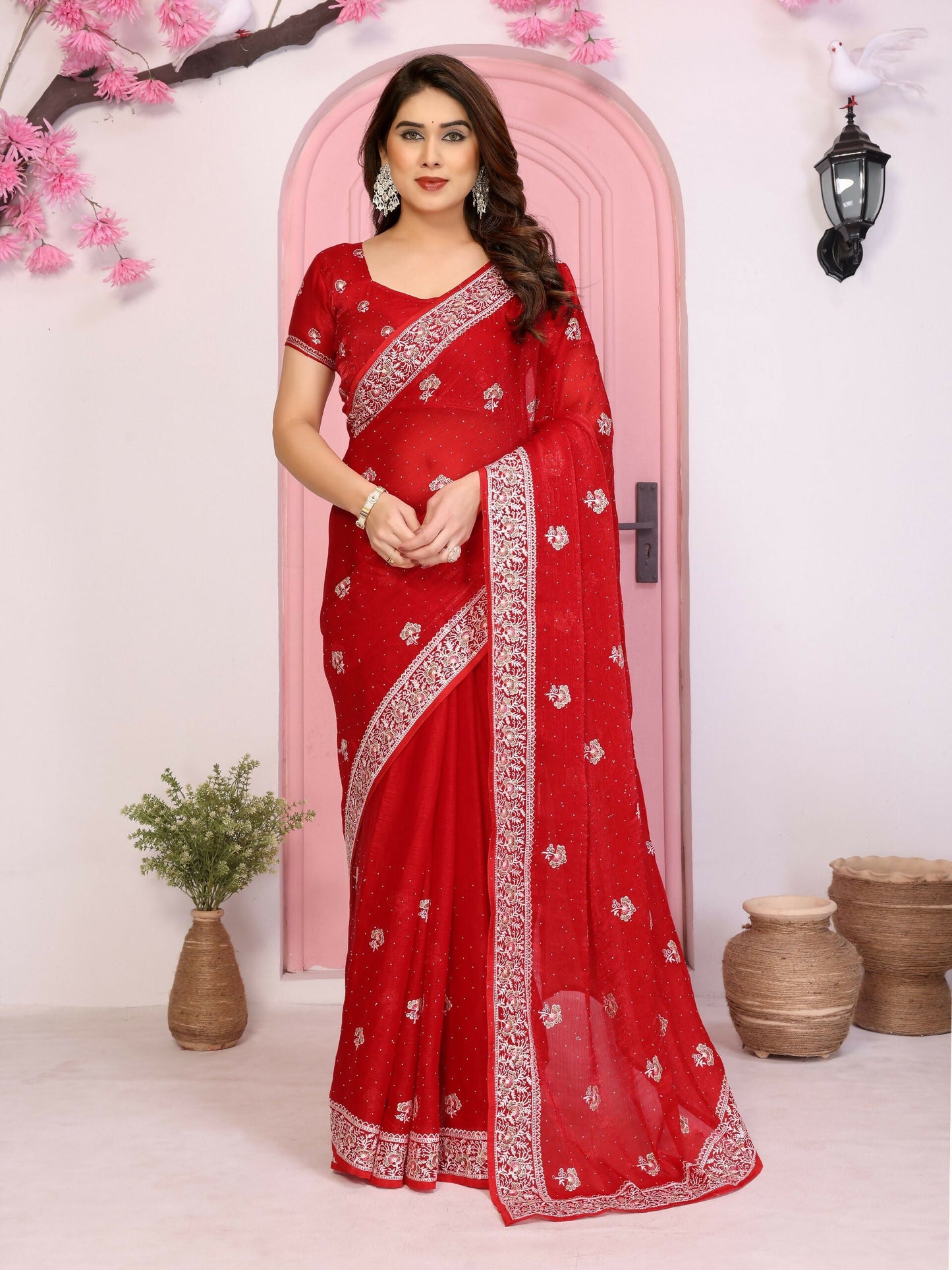 Teeya Creation New Womens Latest Party Wear Soft Chiffon Silk Saree-Red