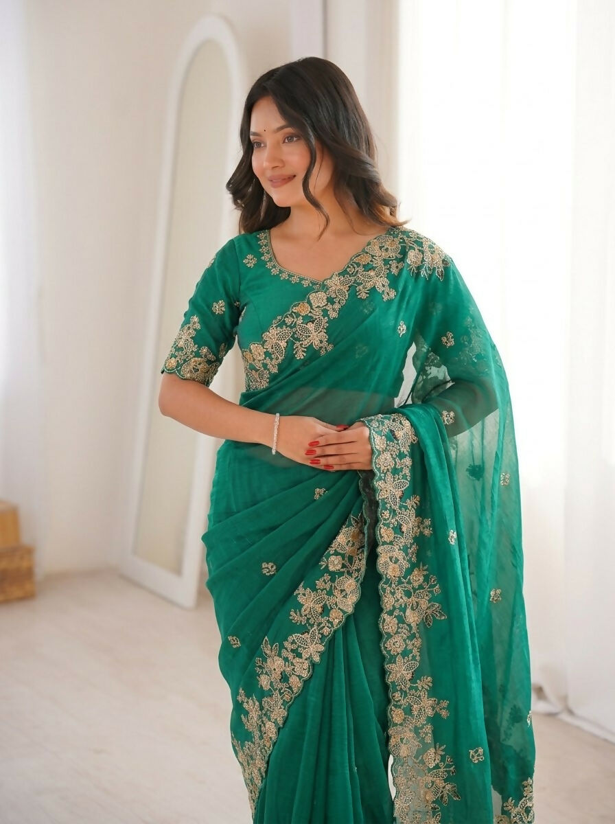 Teeya Creation New Womens Latest Party Wear Soft Chiffon Silk Saree-Teal