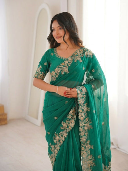 Teeya Creation New Womens Latest Party Wear Soft Chiffon Silk Saree-Teal