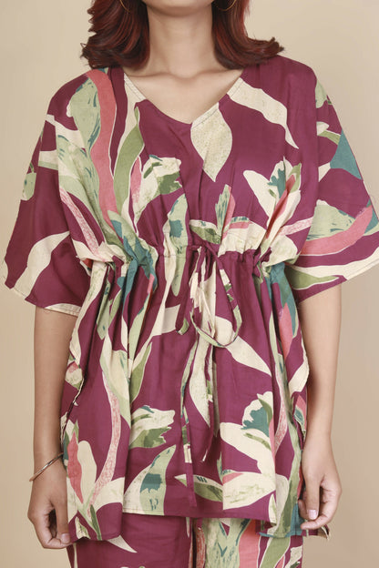 Breathables WomenS Loungewear Kaftan Cotton Wine Abstract Print Co-Ord Set