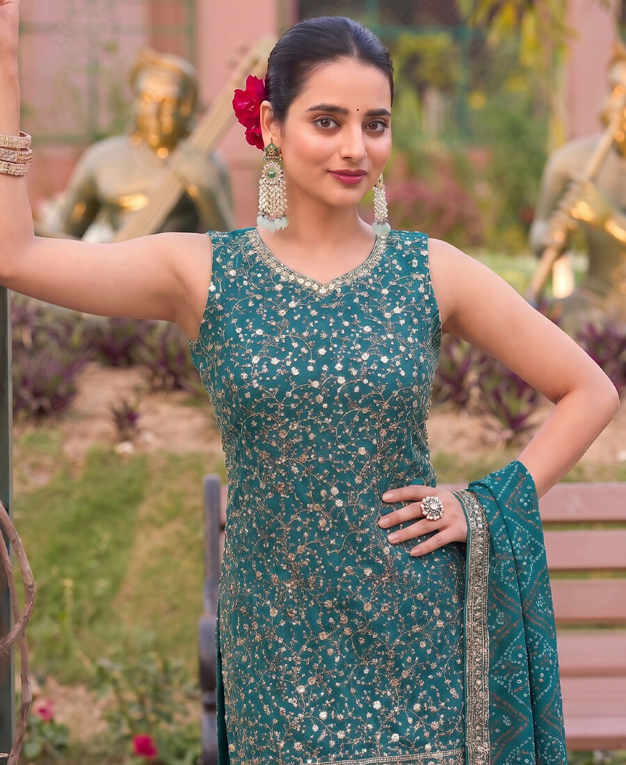 KC Teal Bandhani Printed Heavy Emrboidery Worked Sharara Suit Ethnic Wear