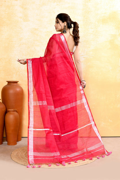 Piyari Fashion Women's Rani Pink Embellished Cotton Blend Zari Border Handloom Saree