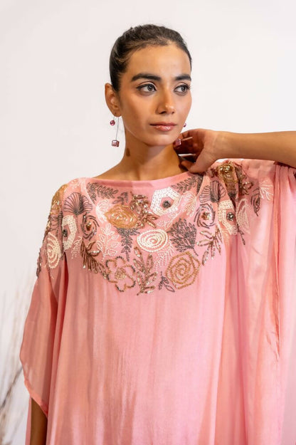 Timaraa Blush Pink Sequined & Beaded Kaftan Dress