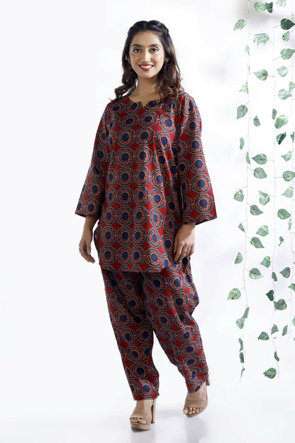 Breathables Abstract Cotton Co-Ord Set  Red