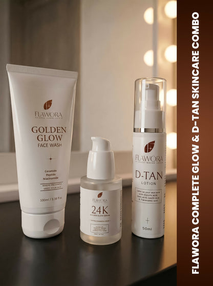 Flawora Set of Golden Glow Face Wash, D-Tan Lotion and 24k Golden Glow Face Serum