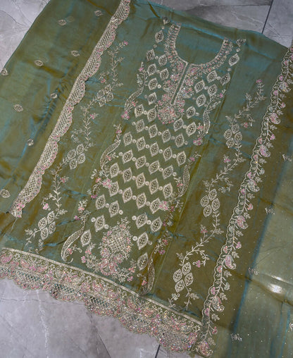 KC Heavy Embroidery Worked Two Ton Moss Silk Parrot Green Suit For Women