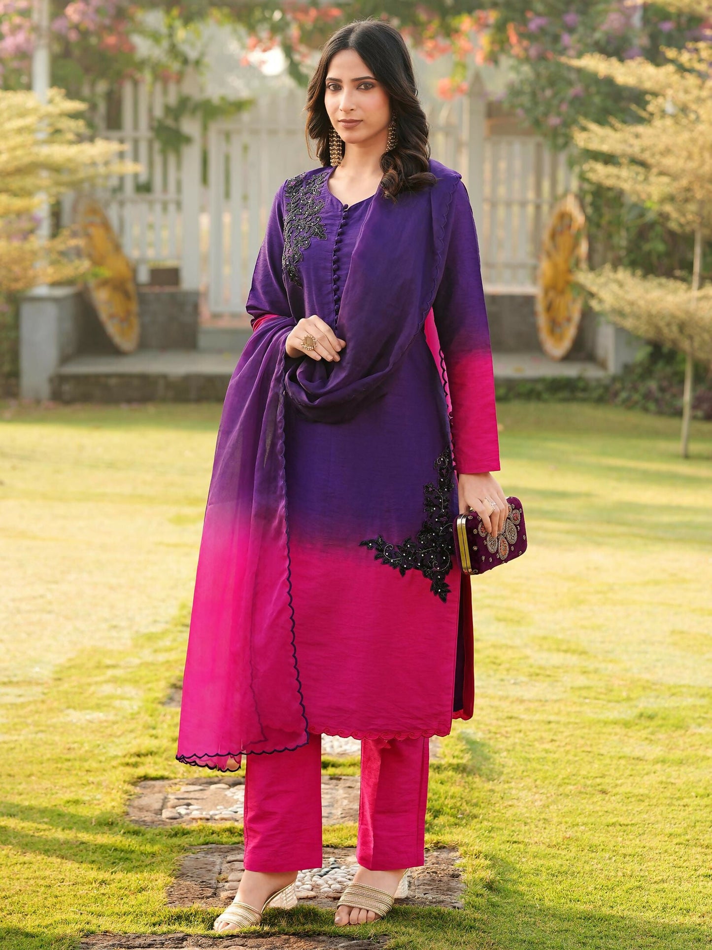 Nikhaar Dark Purple Embroidered Art Silk Stitched Straight Cut Kurta Pants Dupatta Readymade Suit