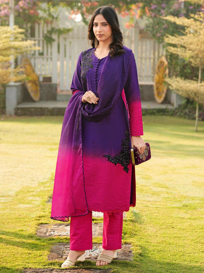 Nikhaar Dark Purple Embroidered Art Silk Stitched Straight Cut Kurta Pants Dupatta Readymade Suit