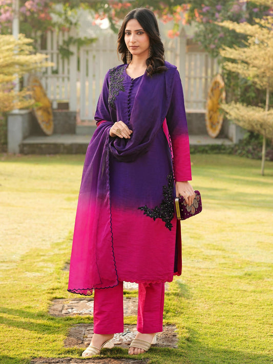 Nikhaar Dark Purple Embroidered Art Silk Stitched Straight Cut Kurta Pants Dupatta Readymade Suit