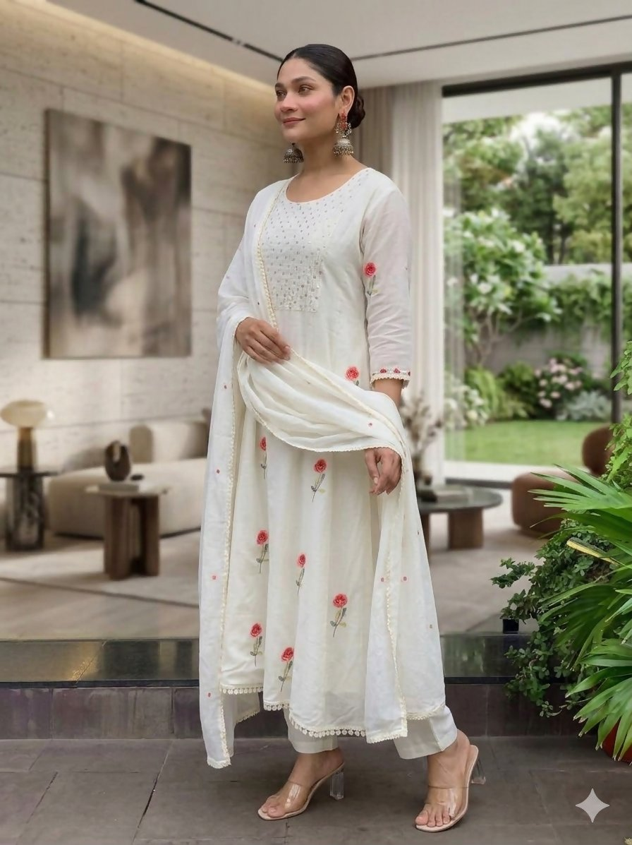 Teeya Creation Elegant White Straight Kurti Pant Set With Rose Motif Embroidery For Women