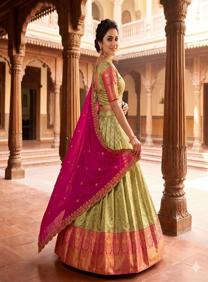Teeya Creation Pista Green Jacquard Silk Traditional Lehenga Choli with Deep Magenta Dupatta