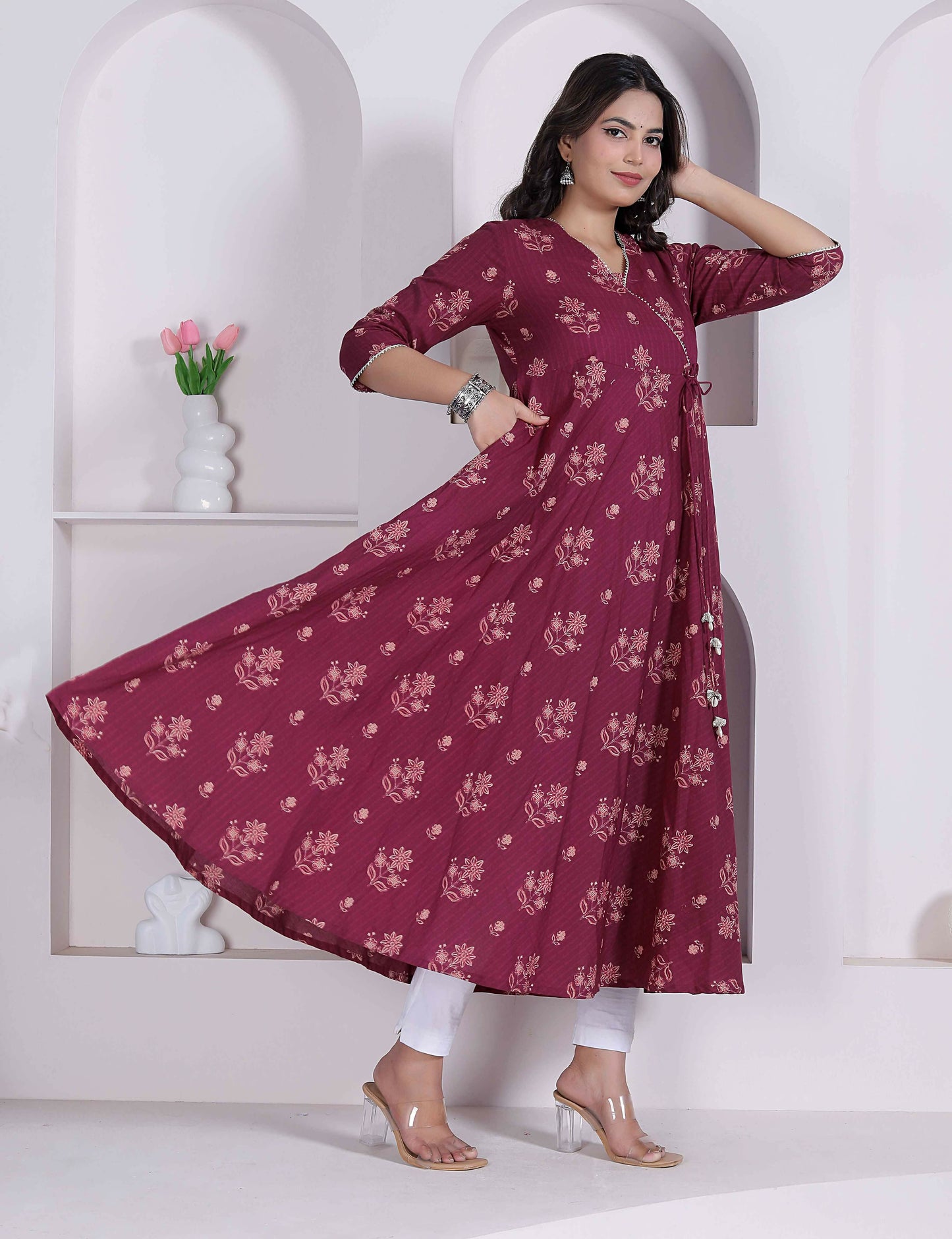 Miravan Womens Maroon Floral Printed Angrakha Style Kurta