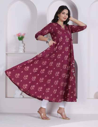 Miravan Womens Maroon Floral Printed Angrakha Style Kurta