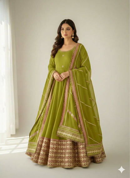 Teeya Creation Womens New Fancy Silk Heavy Quality Fabric With Handwork Light-Green Gown Set