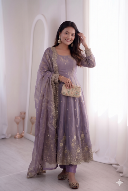 Teeya Creation Womens New Latest Trendy Elegant Lavendar Embroidered Anarkali Suit Set with Scalloped Dupatta