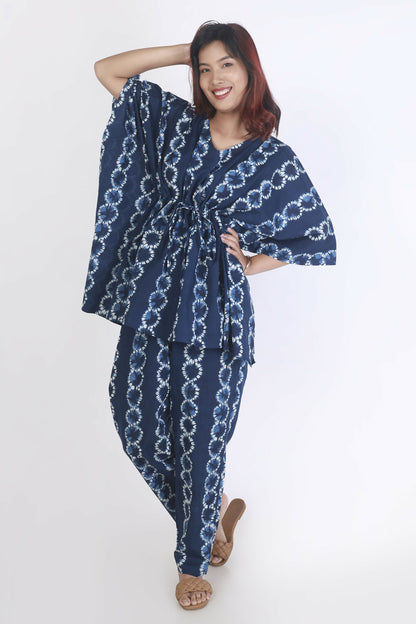 Breathables WomenS Loungewear Kaftan Cotton Blue Abstract Print Co-Ord Set
