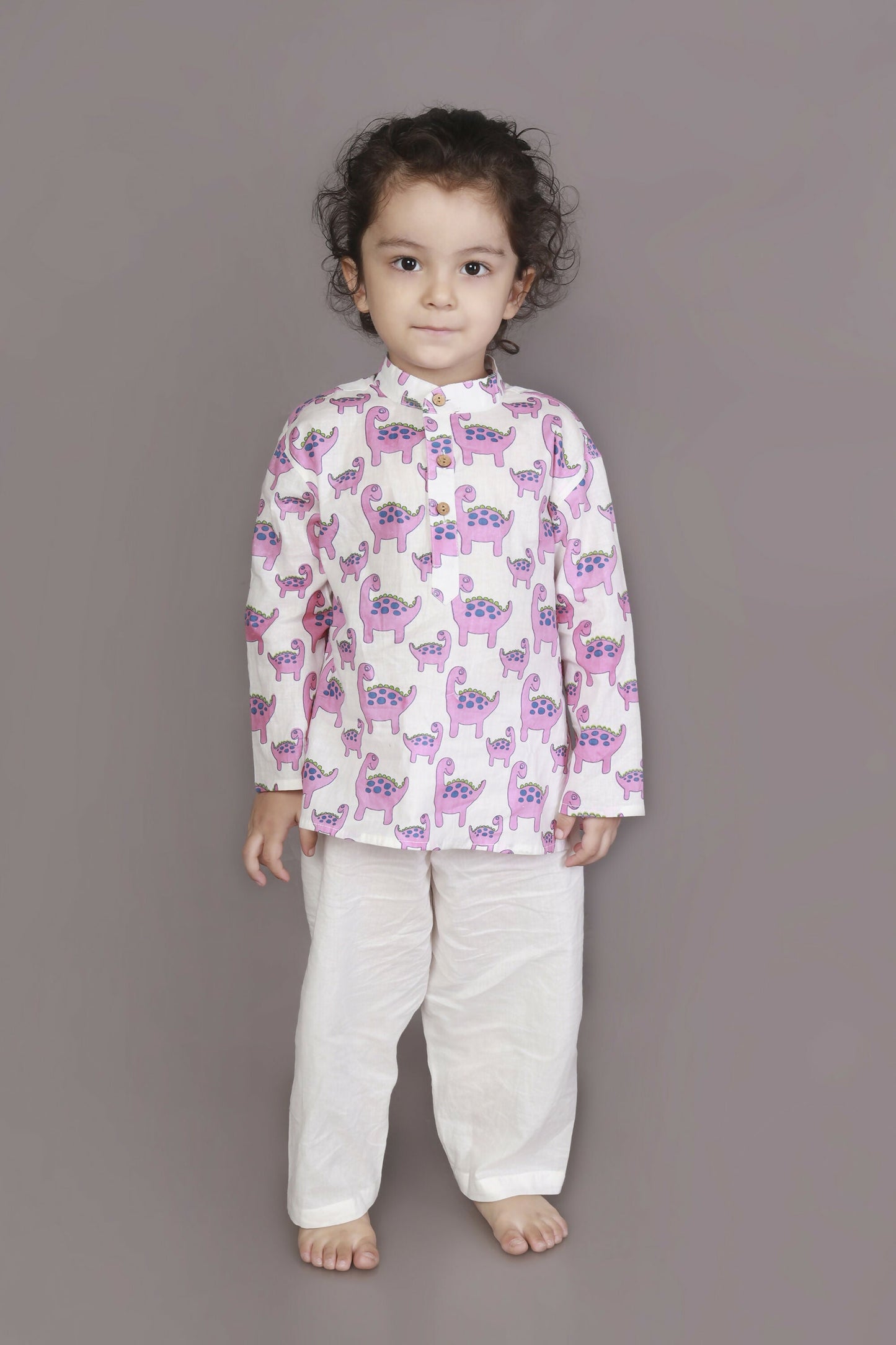 Breathables Kids Boys & Girls Cotton Night Suit  Purple Dinosaur Print Kurta & Pyjama Co-Ord Set
