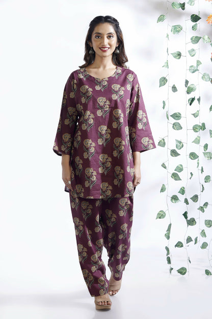 Breathables Wine Butta Cotton Co-Ord Set  Kurta With Straight Pants