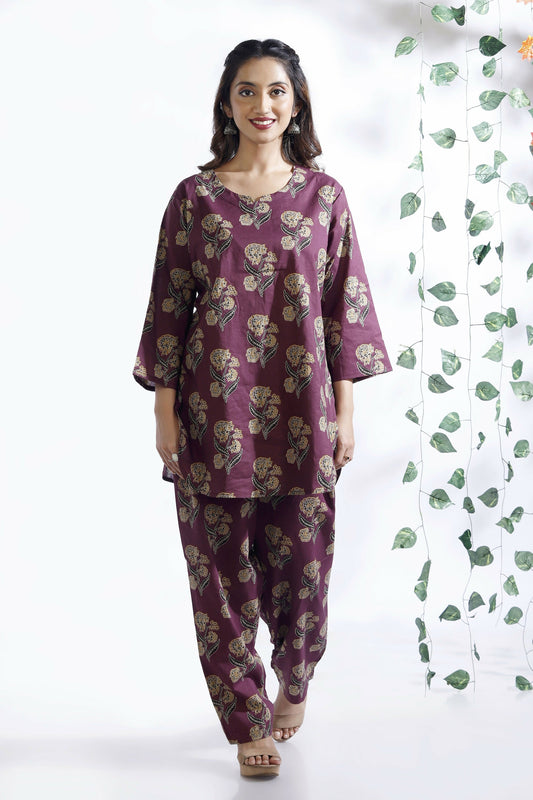 Breathables Wine Butta Cotton Co-Ord Set  Kurta With Straight Pants