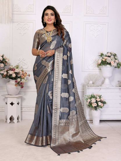 Aastha Fashion Grey Soft Organza Silk Weaving Saree