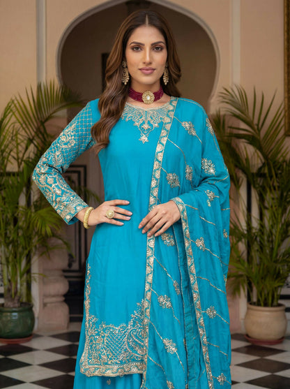 Teeya Creation New Trendy Traditional Wear Sharara with Heavy Border Dupatta Set - Sky-Blue