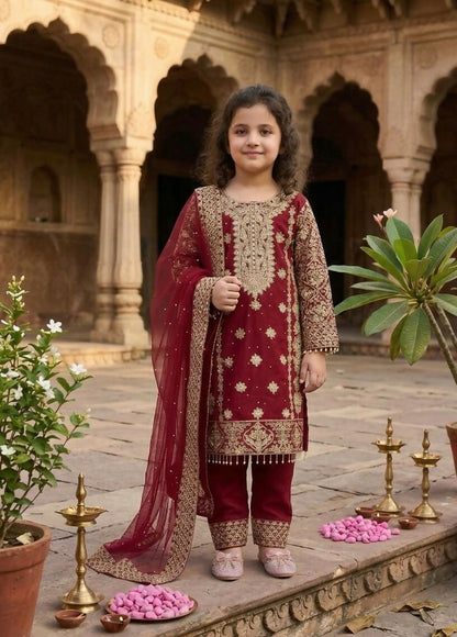 Teeya Creation New Kids Trendy stylish Rich Heavy Embroidery with Elegant Sequence Work Kurta Set-Red
