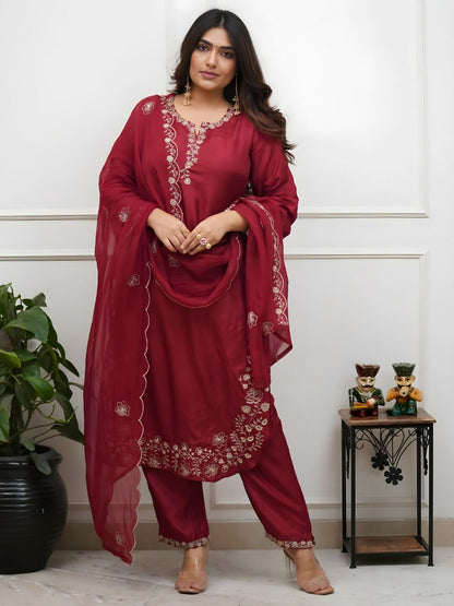 The52 Women's Beautiful Embroidery Work Roman Silk Fabric Straight Kurta Pant and Dupatta Set