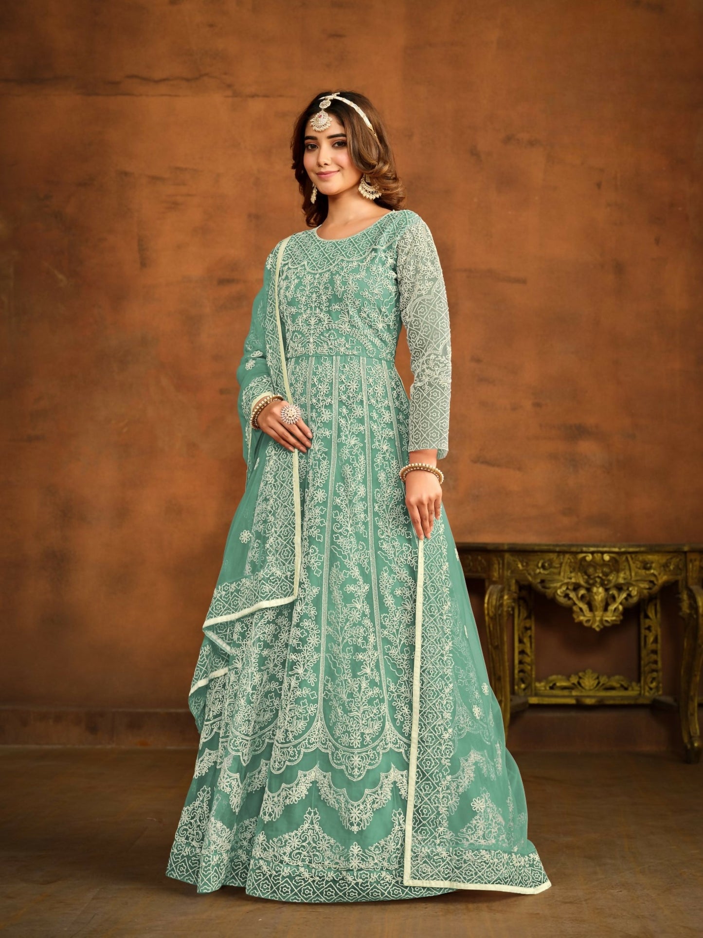 Anaita Sky Blue Embroidered Net Anarkali Suit