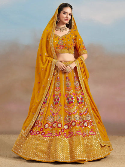 Tulsi Art Elegant Yellow Zari Work Georgette Haldi Wear Lehenga Choli With Dupatta