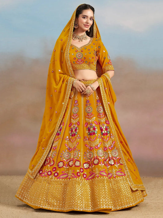 Tulsi Art Elegant Yellow Zari Work Georgette Haldi Wear Lehenga Choli With Dupatta