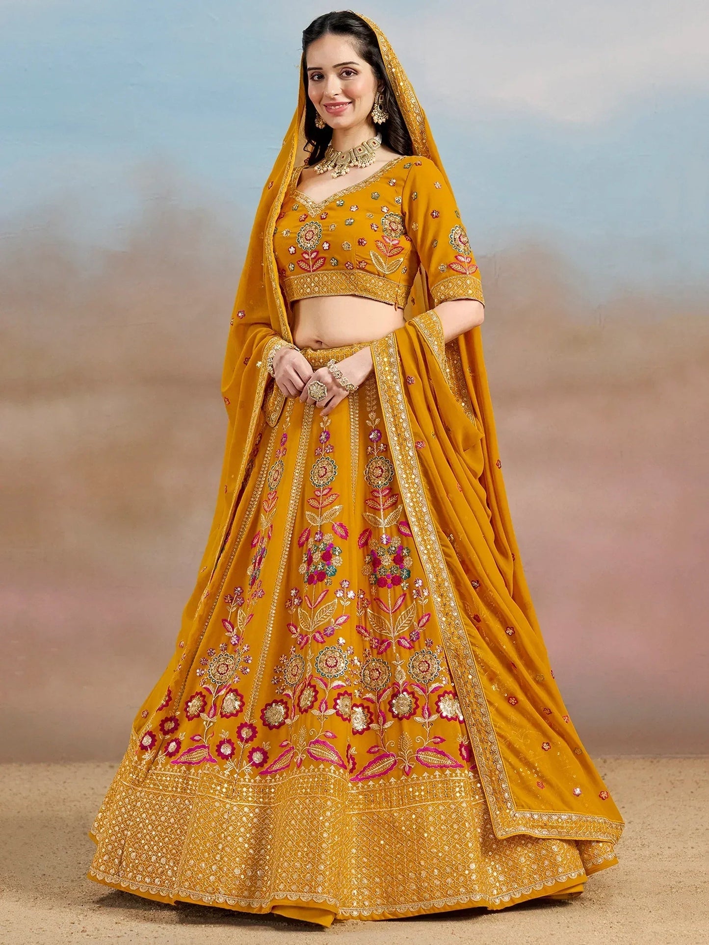 Tulsi Art Elegant Yellow Zari Work Georgette Haldi Wear Lehenga Choli With Dupatta