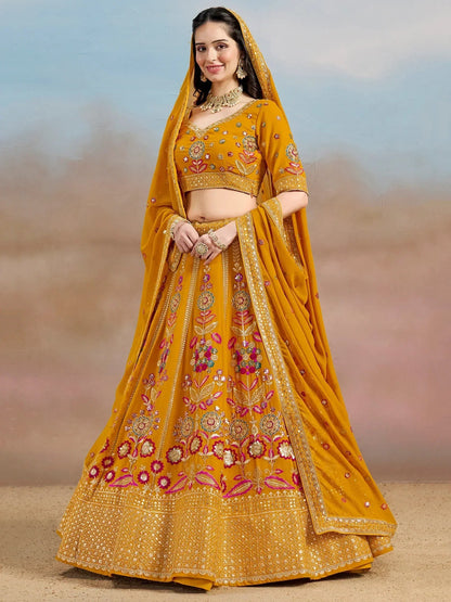 Tulsi Art Elegant Yellow Zari Work Georgette Haldi Wear Lehenga Choli With Dupatta