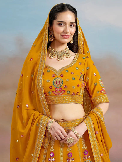Tulsi Art Elegant Yellow Zari Work Georgette Haldi Wear Lehenga Choli With Dupatta