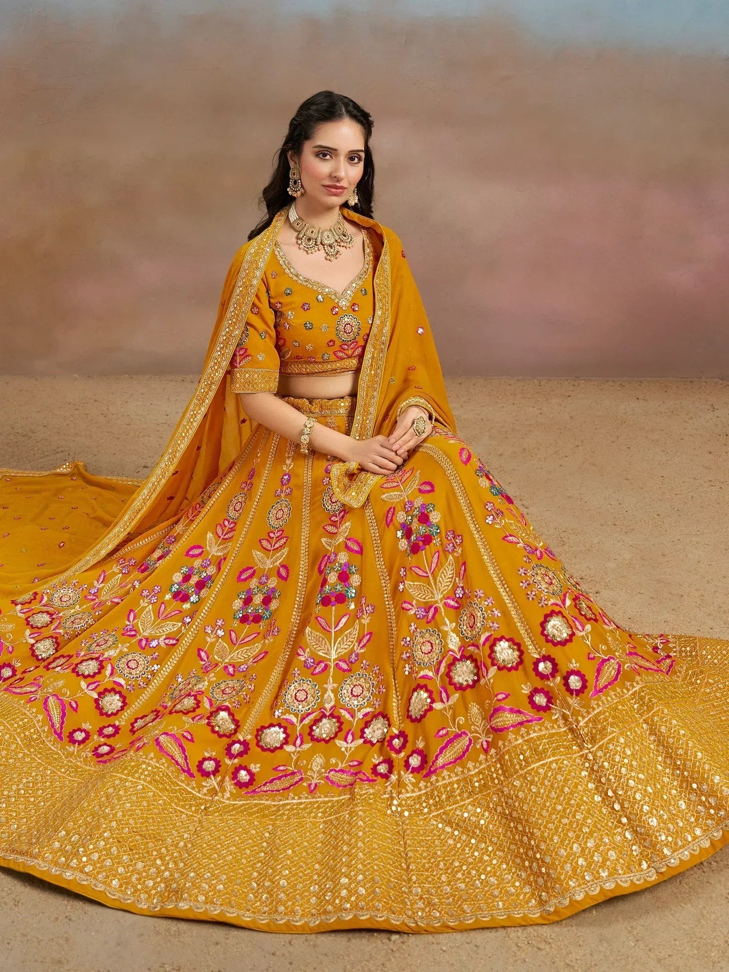 Tulsi Art Elegant Yellow Zari Work Georgette Haldi Wear Lehenga Choli With Dupatta