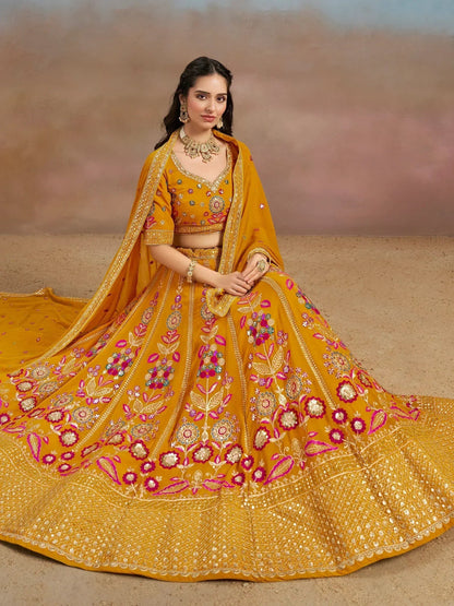 Tulsi Art Elegant Yellow Zari Work Georgette Haldi Wear Lehenga Choli With Dupatta