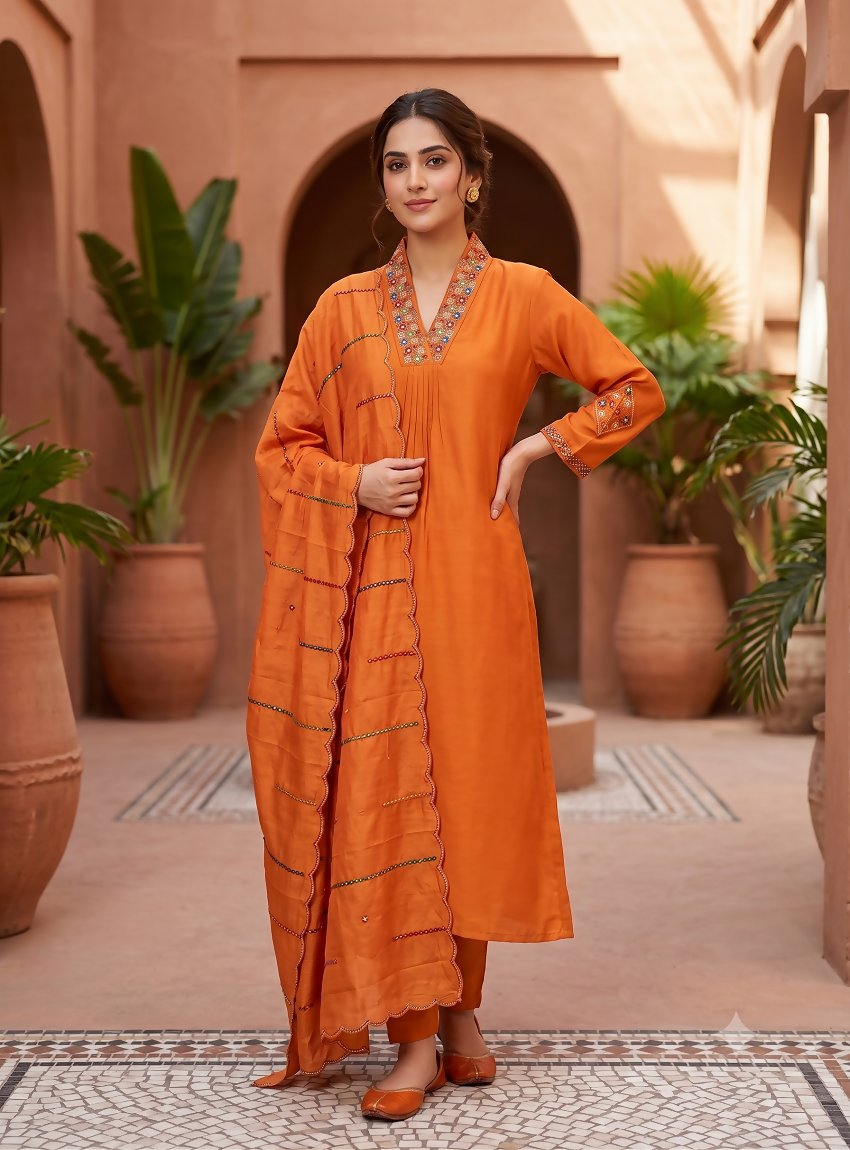 Teeya Creation Orange Silk Kurta Pant Set With Scalloped Dupatta