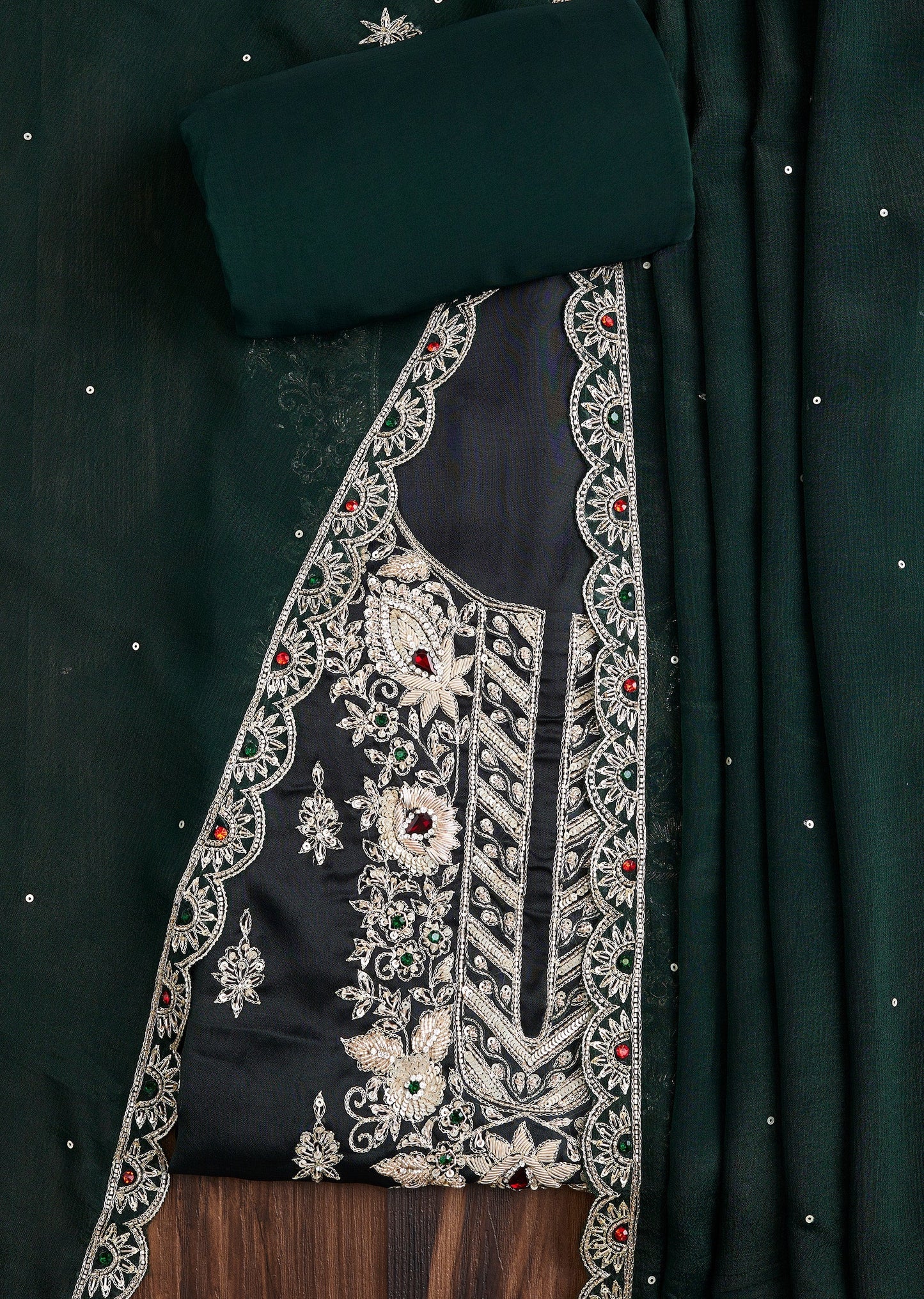 Embroidered Green Organza Suit Set