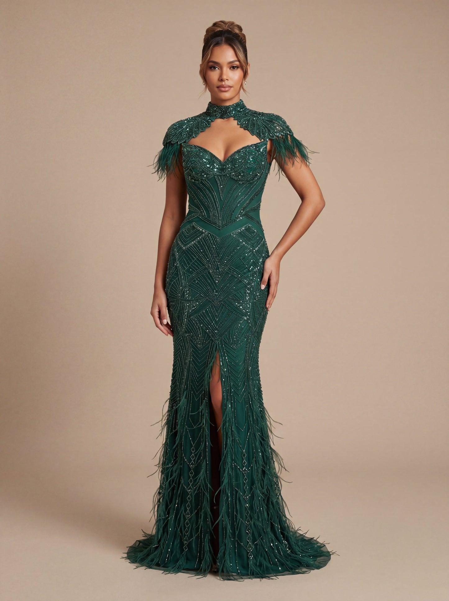 Emerald Green Contemporary Bridal Gown With Statement Trail