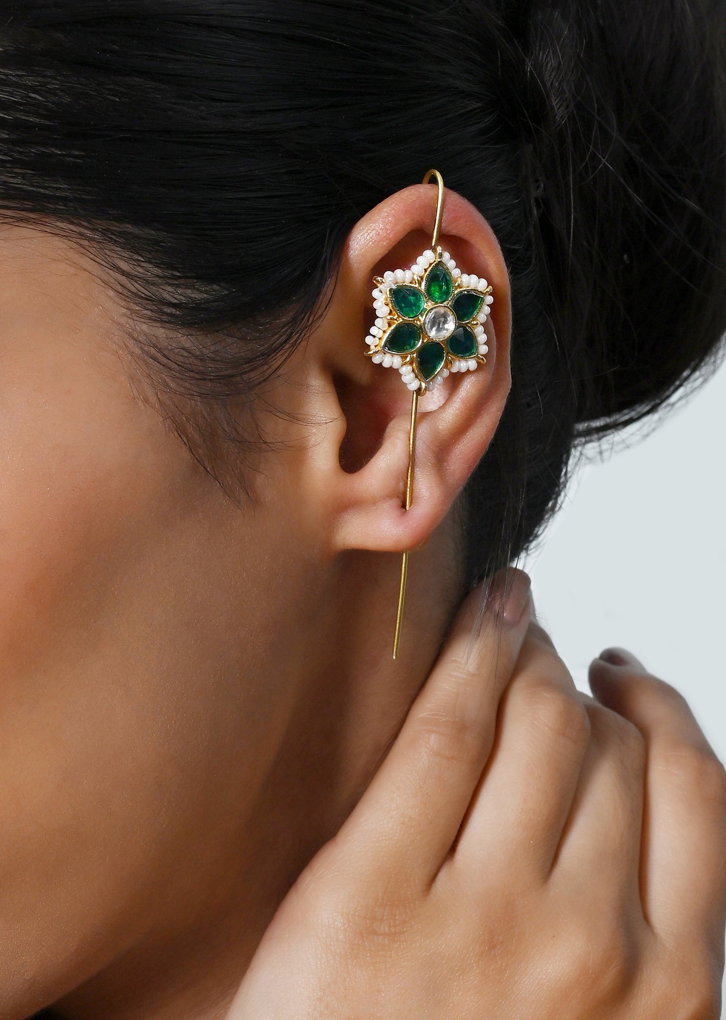 Emerald Green Jadau Kundan Ear Cuffs