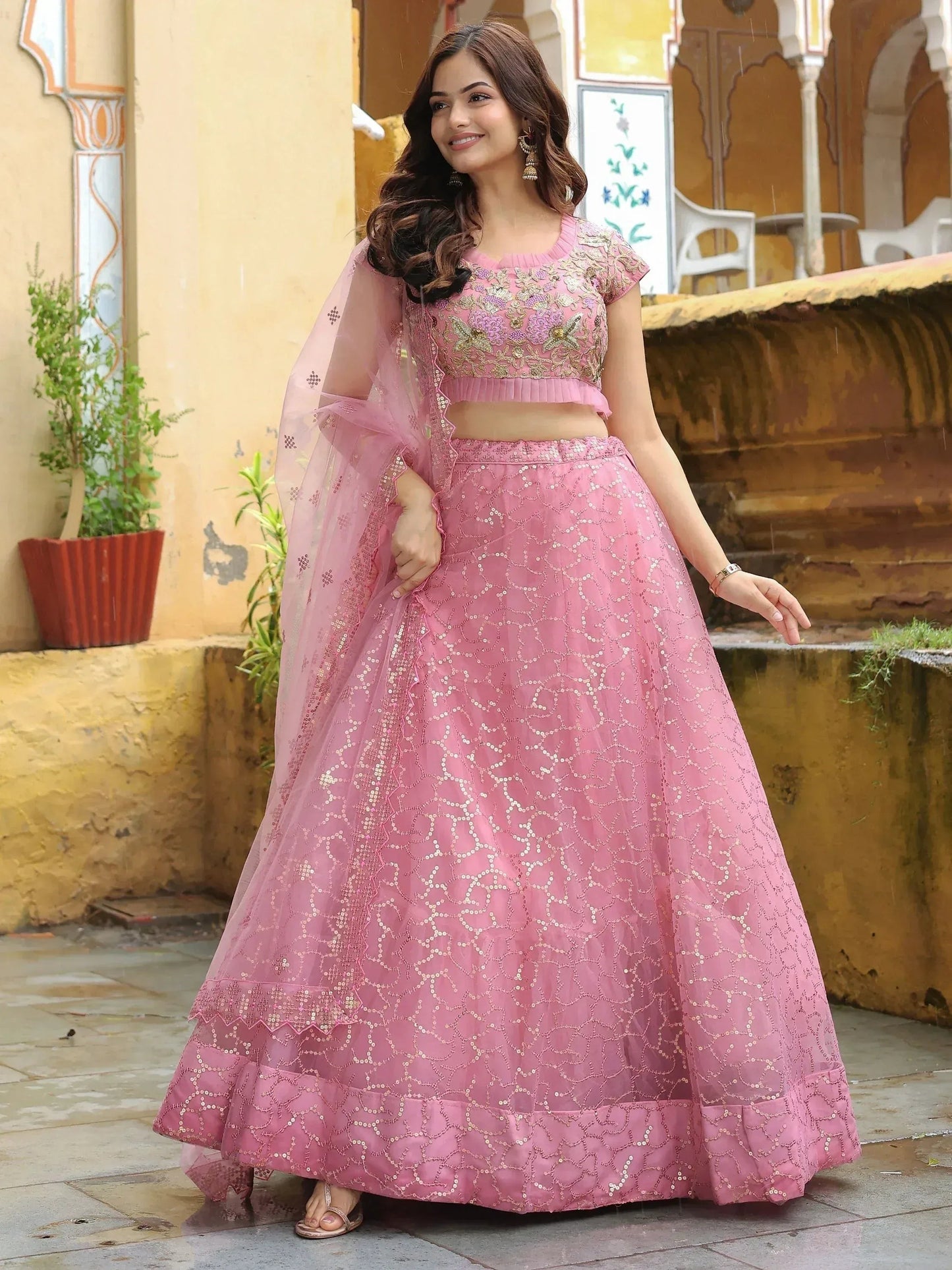 Tulsi Art Enchanting Pink Embroidered Net Engagement Wear Lehenga Choli
