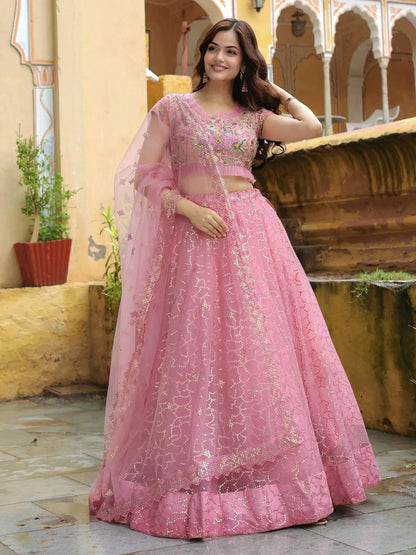 Tulsi Art Enchanting Pink Embroidered Net Engagement Wear Lehenga Choli