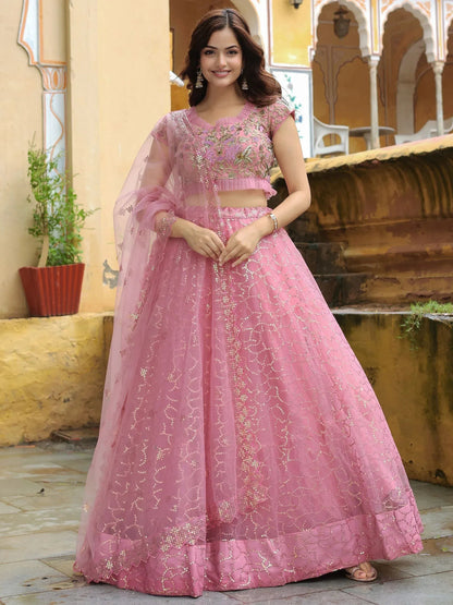 Tulsi Art Enchanting Pink Embroidered Net Engagement Wear Lehenga Choli